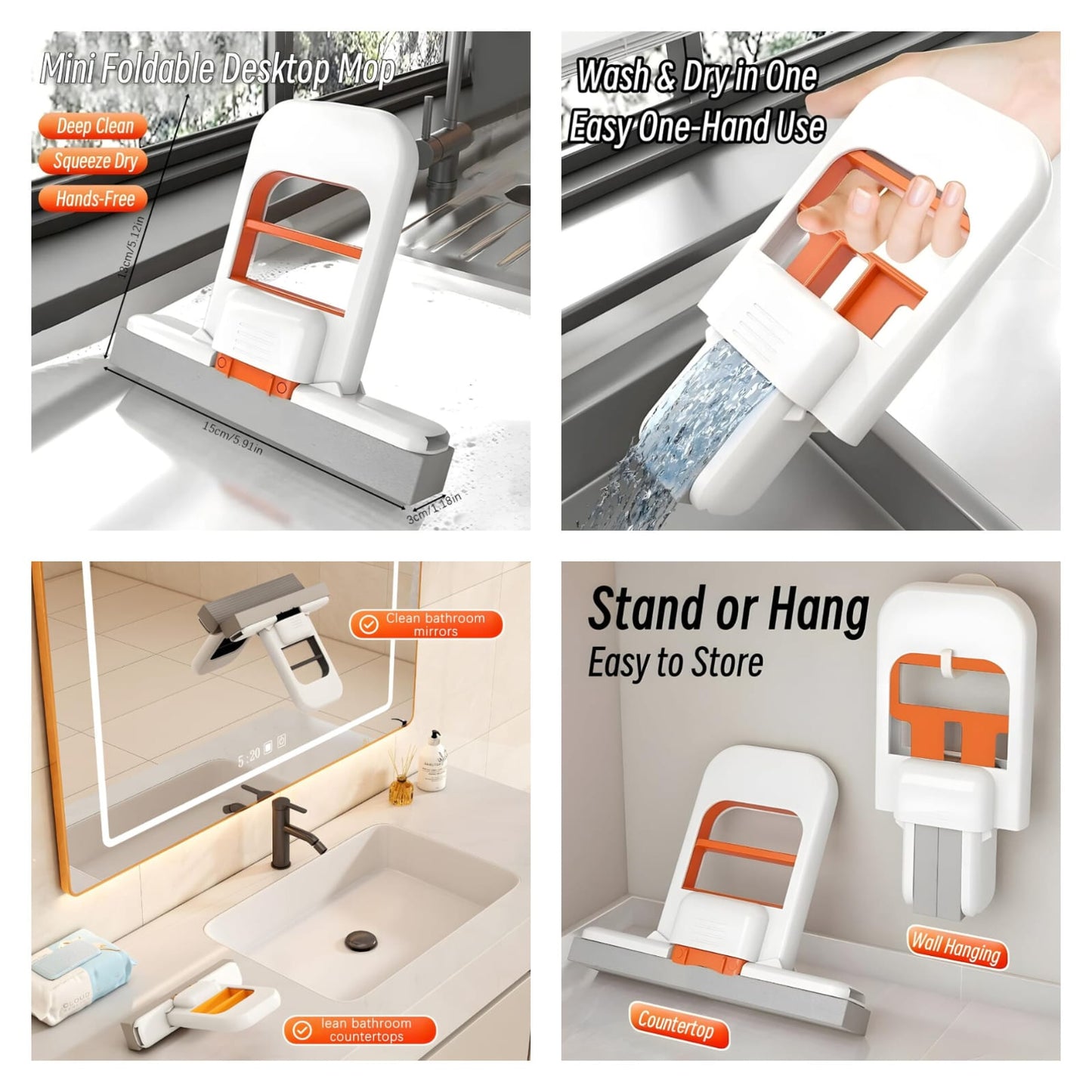 Foldable Mini Mop | Portable Desktop Wet & Dry Cleaning Mop | Self‑Squeezing Mop for Kitchen, Bathroom, Car & Glass