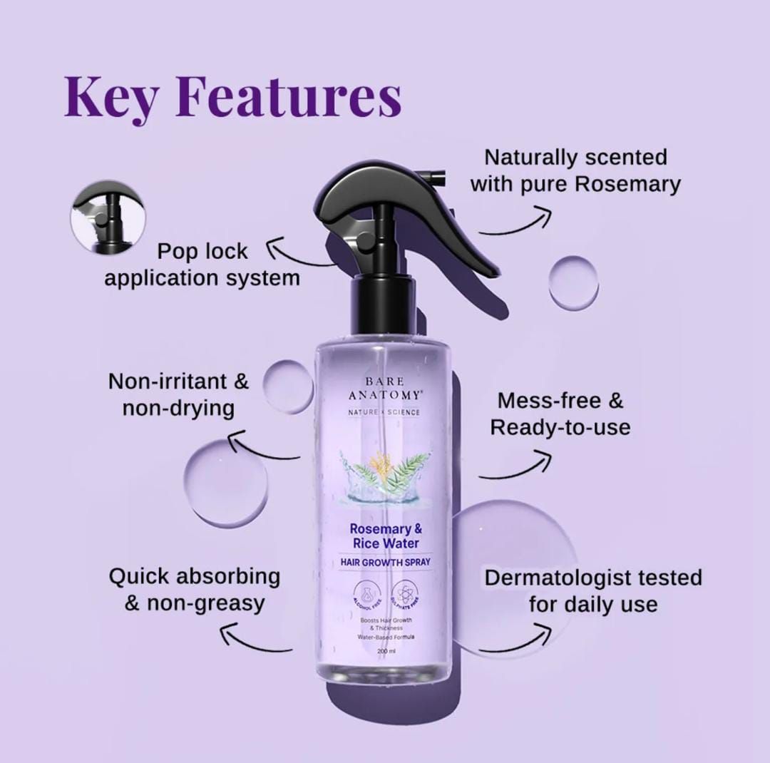 Bare Anatomy Rosemary & Rice Water Hair Growth Spray – 200ml | Strengthen & Thicken Hair