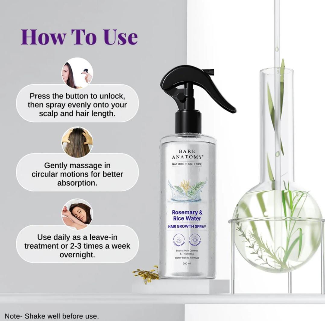 Bare Anatomy Rosemary & Rice Water Hair Growth Spray – 200ml | Strengthen & Thicken Hair